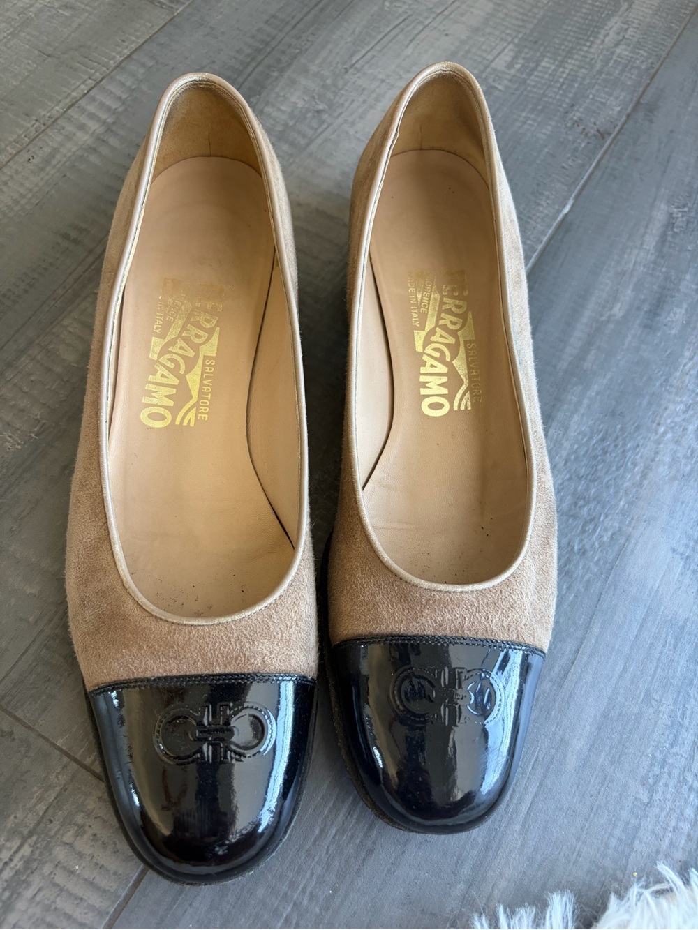 Salvatore Ferragamo Taupe Suede Flats with Black Patent Cap Toe & Gancini